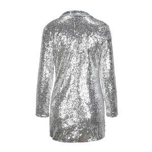 Silver Sequined Coats Turn-down Collar Long Sleeve Outwears Cardigan Jackets - Good Life Shop