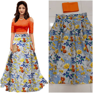 New Designer Orange & Grey Color Bangalore Satin Semi Stitched Lehenga Choli - Good Life Shop