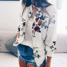 Load image into Gallery viewer, Women Fashion Ribbed Trim Bomber Jacket Casual Zipper Up Flower Printed Baseball Coat Ladies Autumn Outwear Women Tops White Red - Good Life Shop